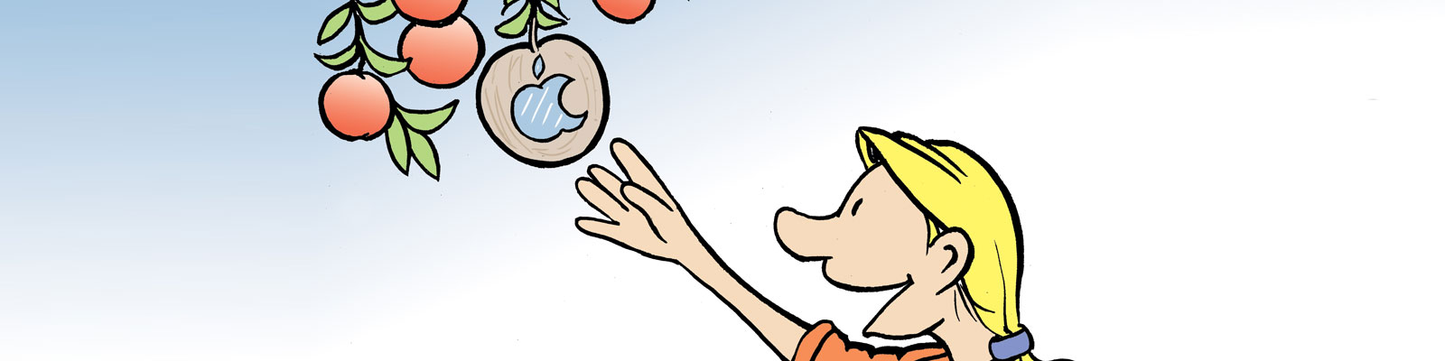 Illustration of finding a wooden apple in a tree for the Apples to iPads program